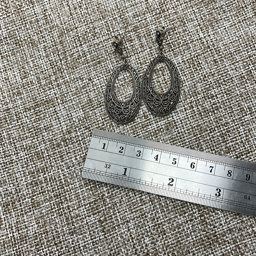 Vintage Suspicion 925 Sterling Silver Marcasite Filigree Drop Earrings - Picture 9 of 11